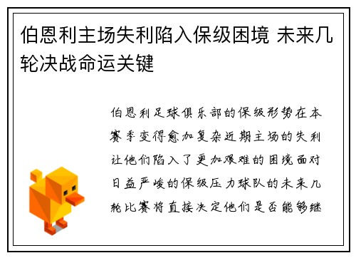伯恩利主场失利陷入保级困境 未来几轮决战命运关键