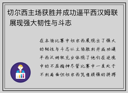切尔西主场获胜并成功逼平西汉姆联 展现强大韧性与斗志