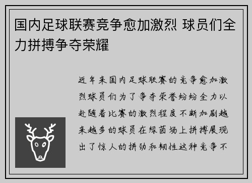 国内足球联赛竞争愈加激烈 球员们全力拼搏争夺荣耀